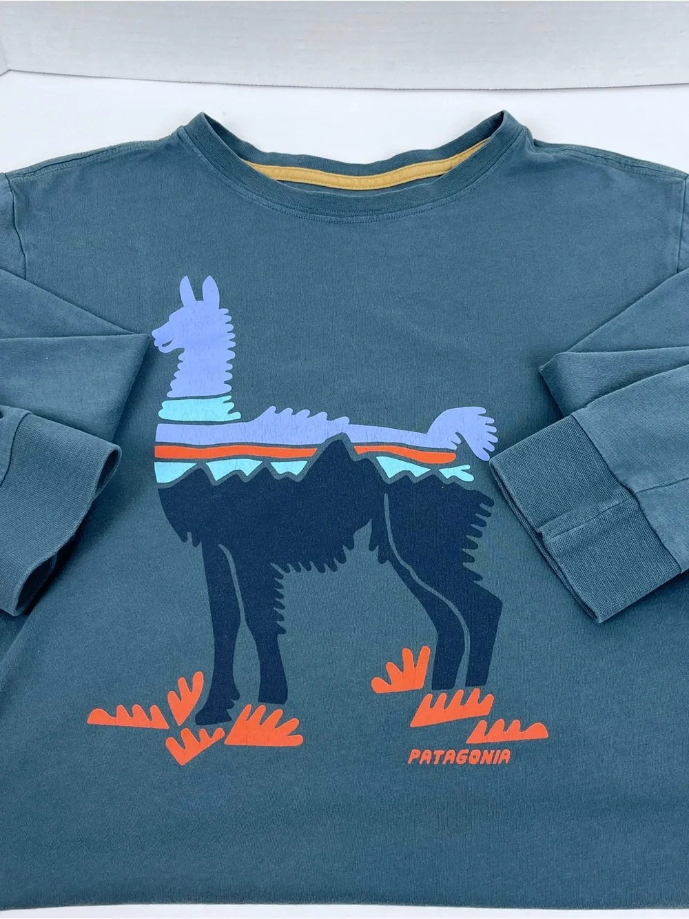 Patagonia Boy's 100% Organic Cotton LLama Graphic Print Long Sleeve Tee Size L